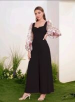 Women Black Floral Georgette Sleeve Elegant Stylish Jumpsuit