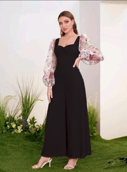 Women Black Floral Georgette Sleeve Elegant Stylish Jumpsuit
