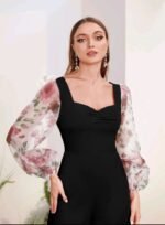 Women Black Floral Georgette Sleeve Elegant Stylish Jumpsuit - Image 4