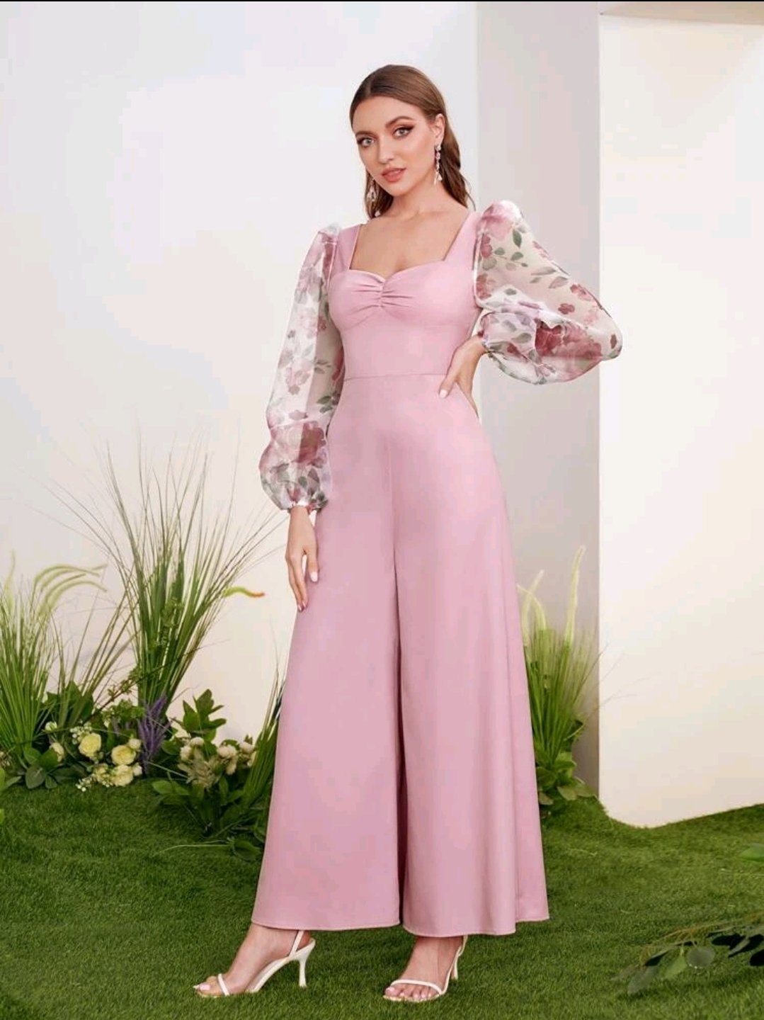 2(2) Women Pink Floral Georgette Sleeve Elegant Stylish Jumpsuit - Image 1