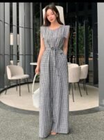 Women Black & White Checked Elegant Wide-Leg Jumpsuit