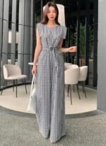 Women Black & White Checked Elegant Wide-Leg Jumpsuit - Image 3