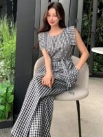 Women Black & White Checked Elegant Wide-Leg Jumpsuit - Image 4