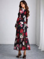 Floral Print Flared Sleeve Net Bodycon Midi Dress - Image 2