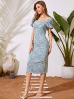 Floral Print Puff Sleeve Bodycon Midi Dress - Image 3