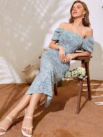 Floral Print Puff Sleeve Bodycon Midi Dress - Image 4