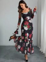 Floral Print Flared Sleeve Net Bodycon Midi Dress - Image 3