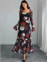 Floral Print Flared Sleeve Net Bodycon Midi Dress - Image 4