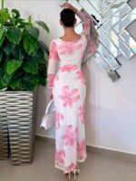 Women Floral Print Net Bodycon Maxi Dress - Image 3