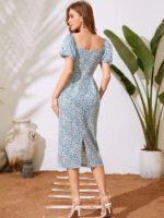 Floral Print Puff Sleeve Bodycon Midi Dress - Image 5