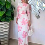 Women Floral Print Net Bodycon Maxi Dress