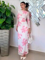 Women Floral Print Net Bodycon Maxi Dress