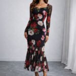 Floral Print Flared Sleeve Net Bodycon Midi Dress