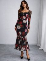 Floral Print Flared Sleeve Net Bodycon Midi Dress